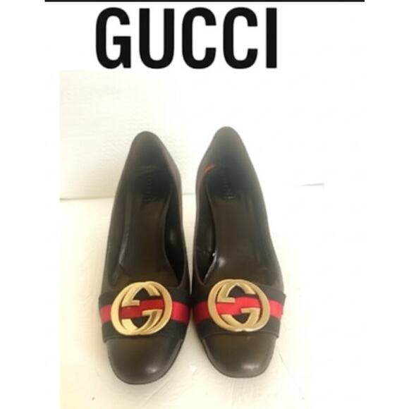 Gucci Dark Brown Calf Leather Gold GG Logo Block Heel Slip On Pumps Sz 7C - Picture 2 of 14